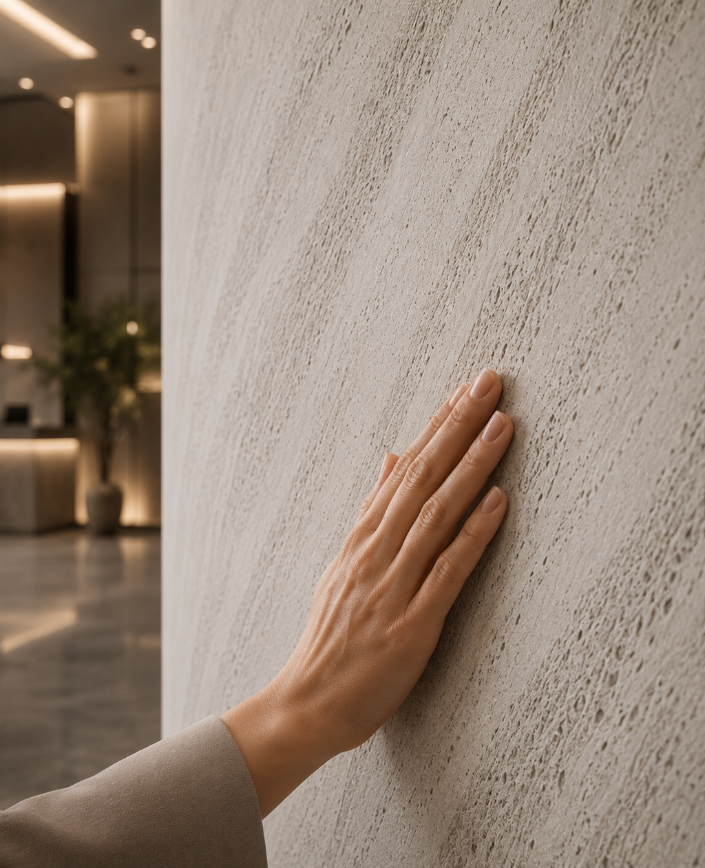 STONEVIA™ Pearl Cavern | Panel de piedra flexible de travertino blanco