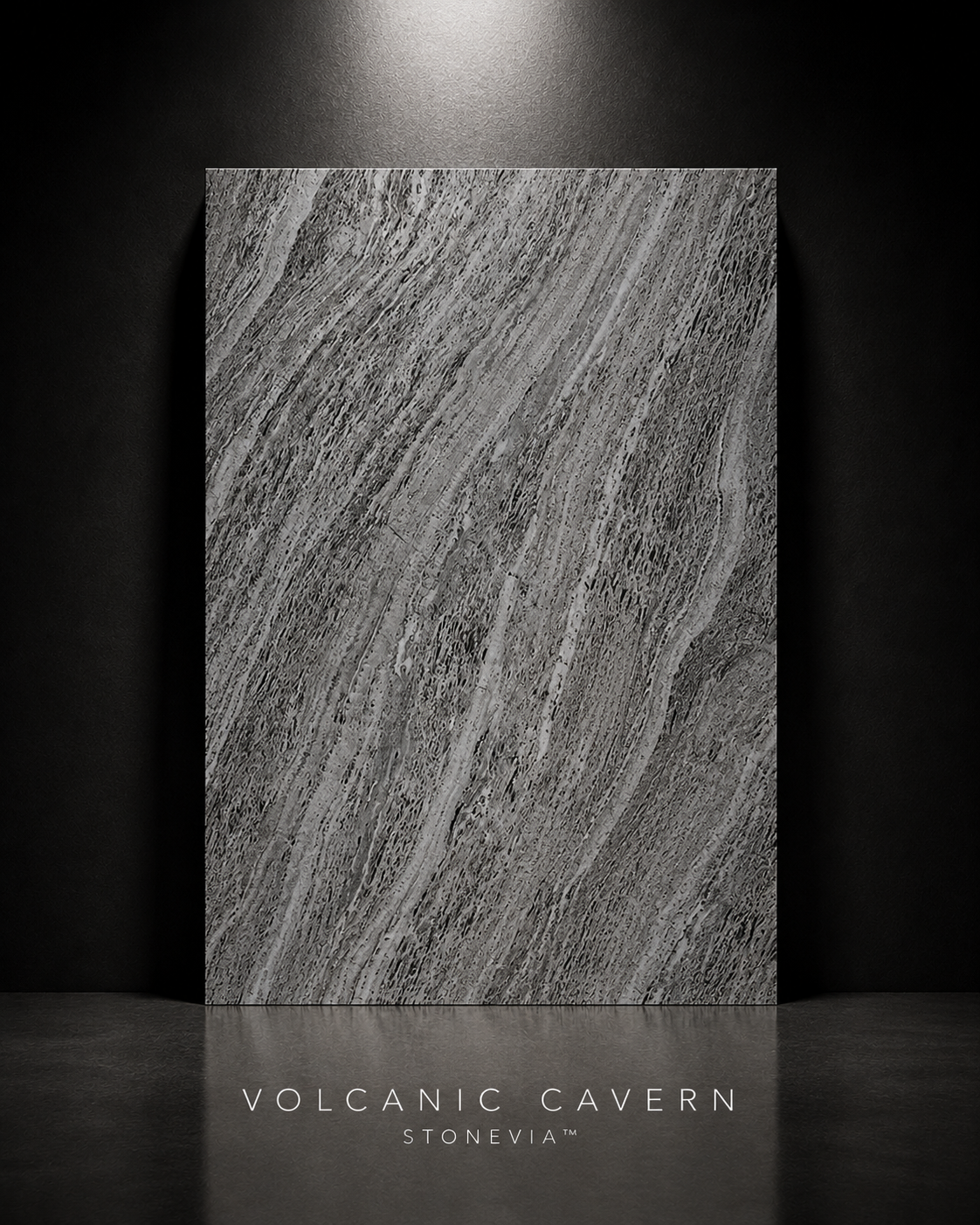 STONEVIA™ Caverna Volcánica | Superficie Efecto Travertino Oscuro